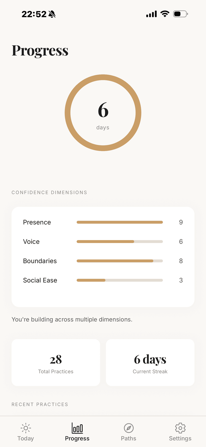 Confidence Daily app progress screen showing 28 total practices completed and a 6-day streak