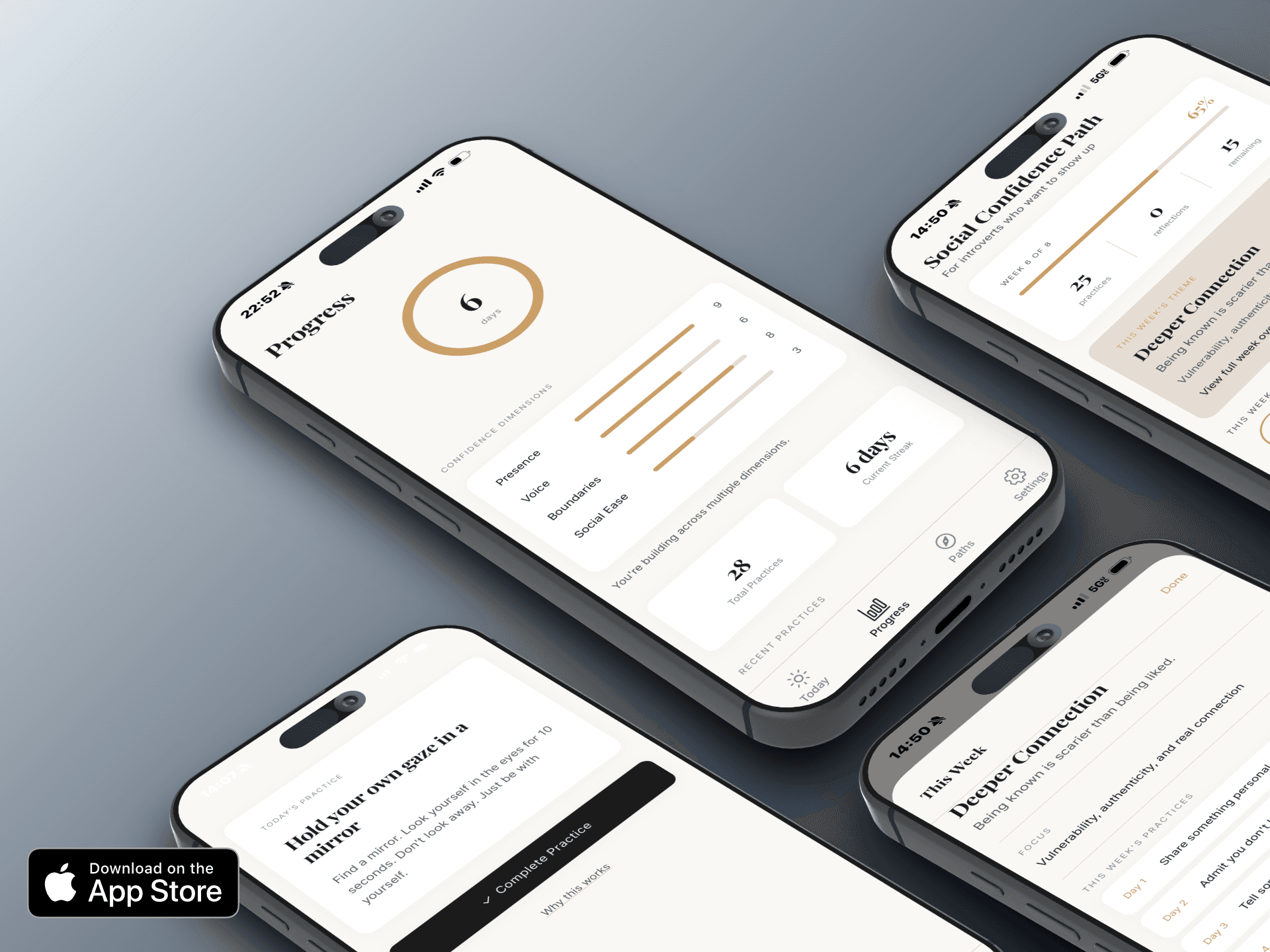Confidence Daily app screens showing daily practices, progress tracking, and the Social Confidence Path